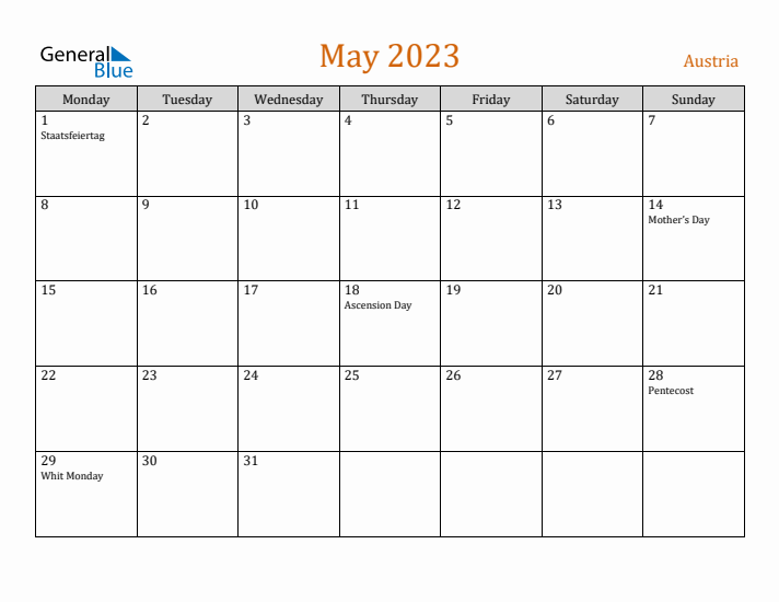 May 2023 Holiday Calendar with Monday Start