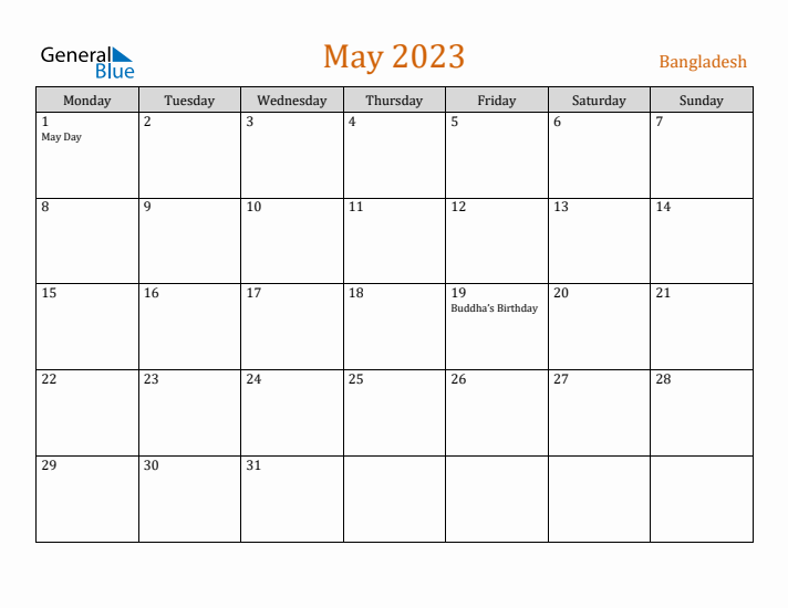 May 2023 Holiday Calendar with Monday Start