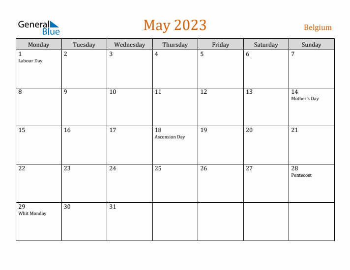 May 2023 Holiday Calendar with Monday Start