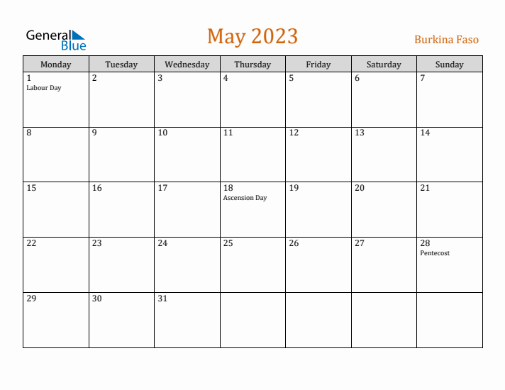 May 2023 Holiday Calendar with Monday Start