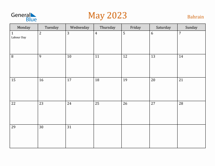 May 2023 Holiday Calendar with Monday Start