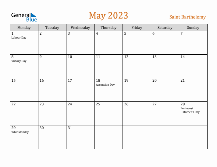 May 2023 Holiday Calendar with Monday Start