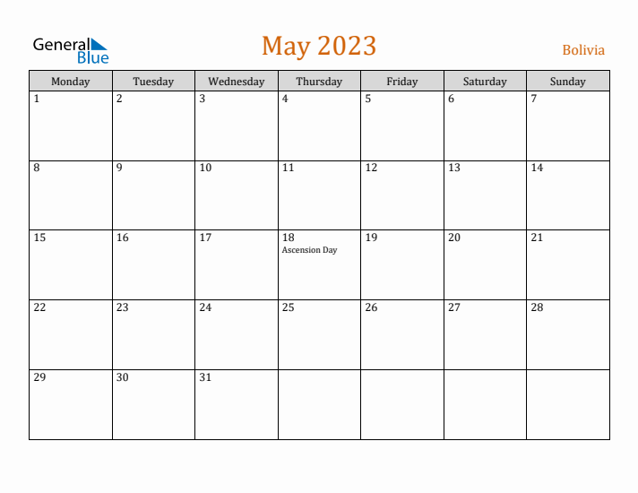 May 2023 Holiday Calendar with Monday Start