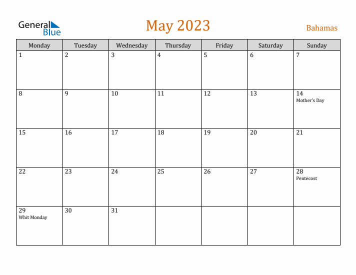 May 2023 Holiday Calendar with Monday Start