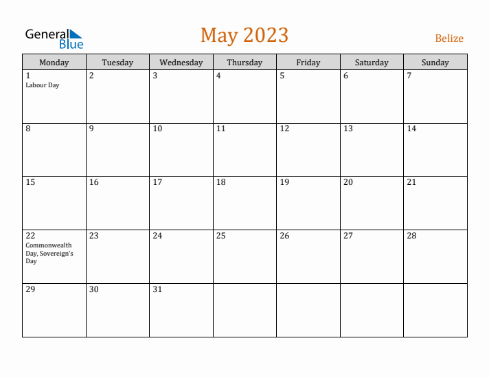 May 2023 Holiday Calendar with Monday Start