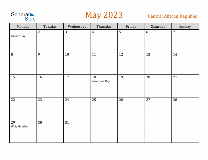 May 2023 Holiday Calendar with Monday Start