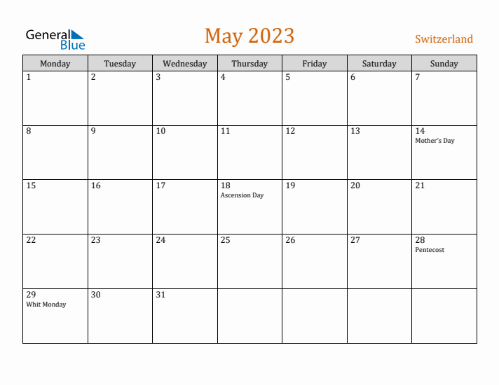 May 2023 Holiday Calendar with Monday Start