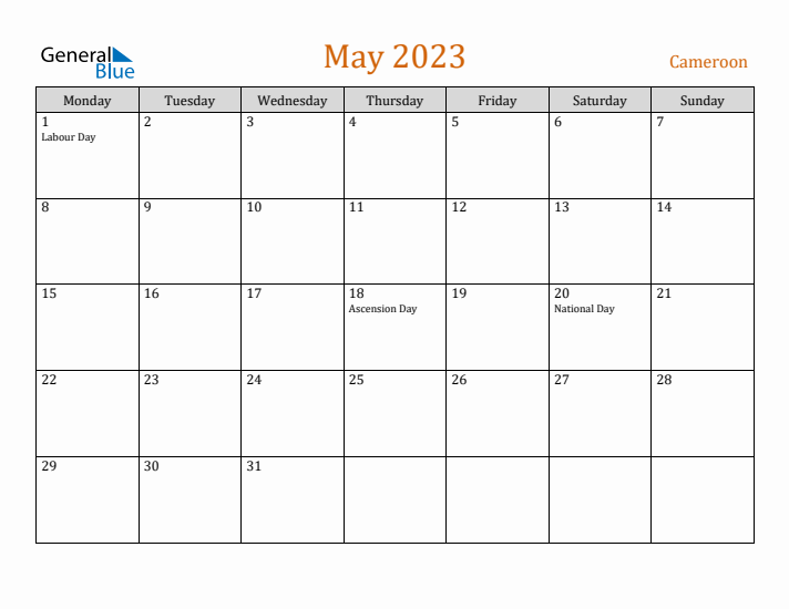 May 2023 Holiday Calendar with Monday Start