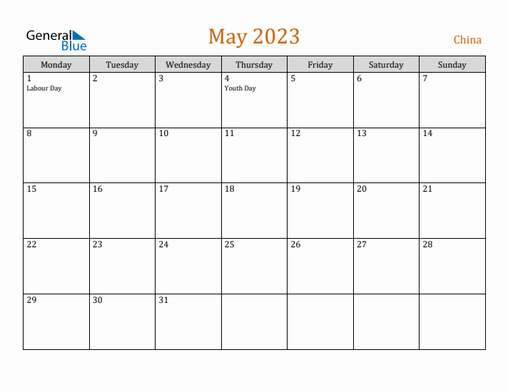 May 2023 Holiday Calendar with Monday Start