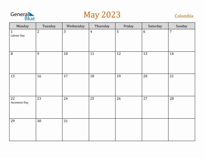 May 2023 Holiday Calendar with Monday Start