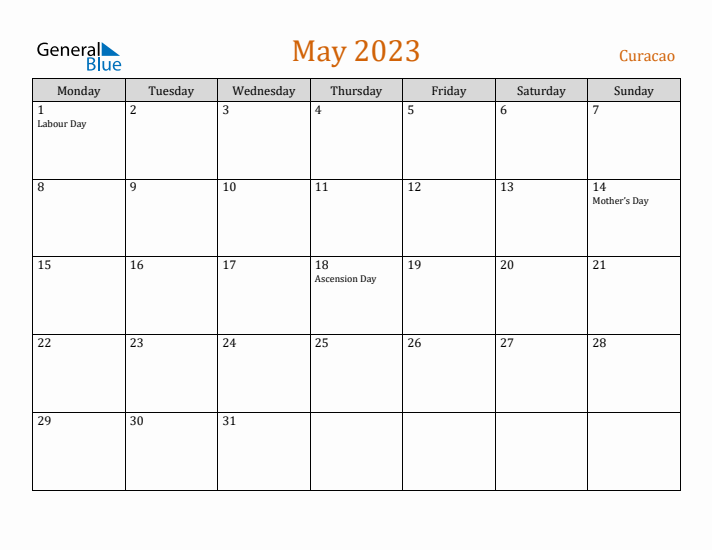 May 2023 Holiday Calendar with Monday Start