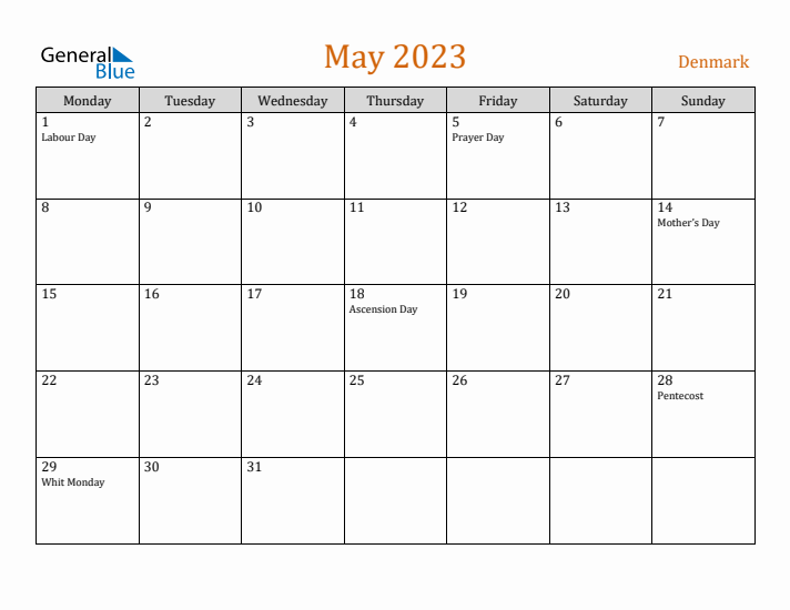 May 2023 Holiday Calendar with Monday Start