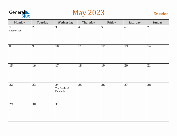 May 2023 Holiday Calendar with Monday Start