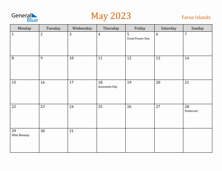 May 2023 Holiday Calendar with Monday Start