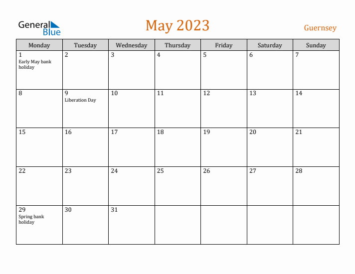 May 2023 Holiday Calendar with Monday Start