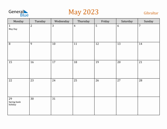 May 2023 Holiday Calendar with Monday Start