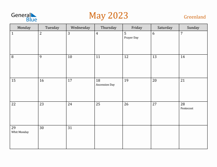 May 2023 Holiday Calendar with Monday Start