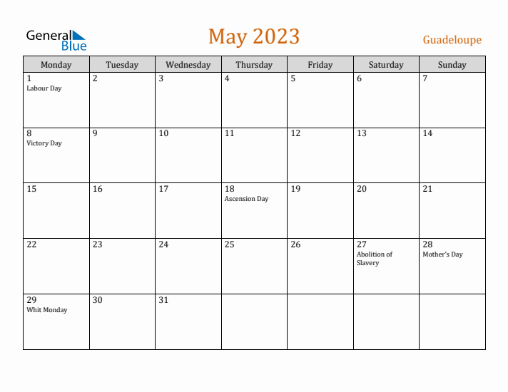 May 2023 Holiday Calendar with Monday Start