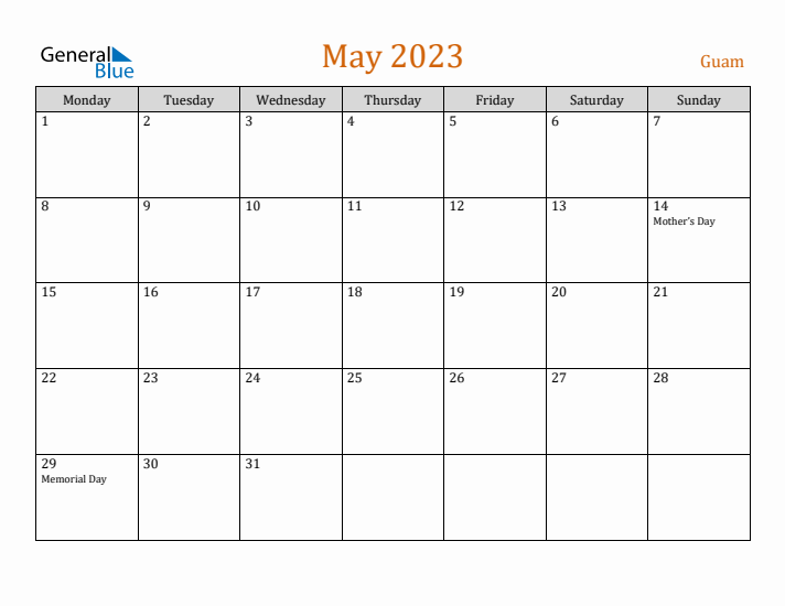 May 2023 Holiday Calendar with Monday Start