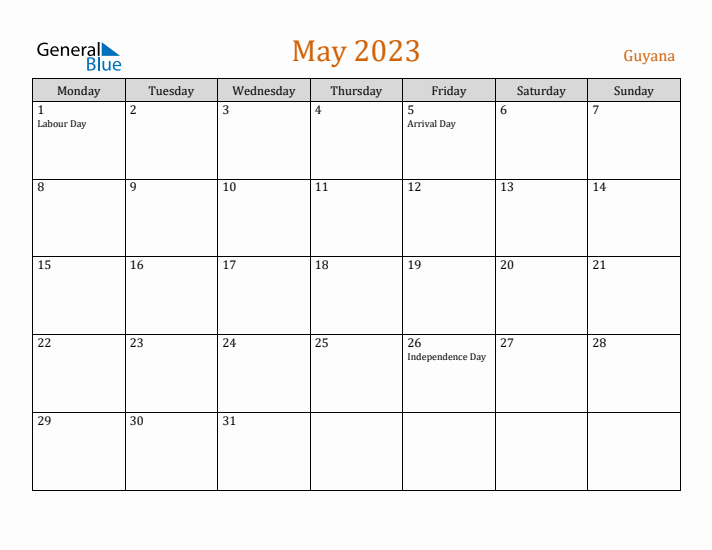 May 2023 Holiday Calendar with Monday Start