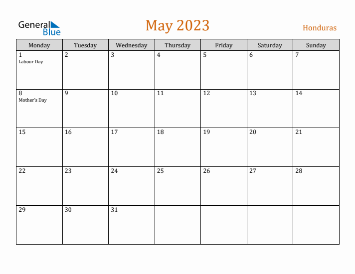 May 2023 Holiday Calendar with Monday Start