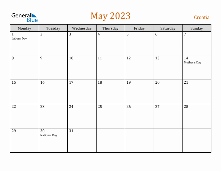 May 2023 Holiday Calendar with Monday Start