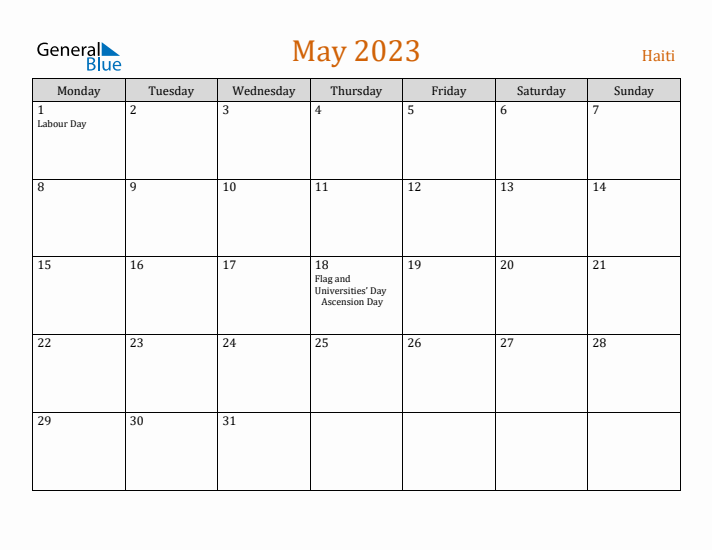 May 2023 Holiday Calendar with Monday Start