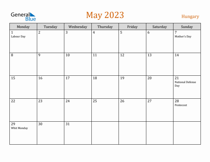 May 2023 Holiday Calendar with Monday Start