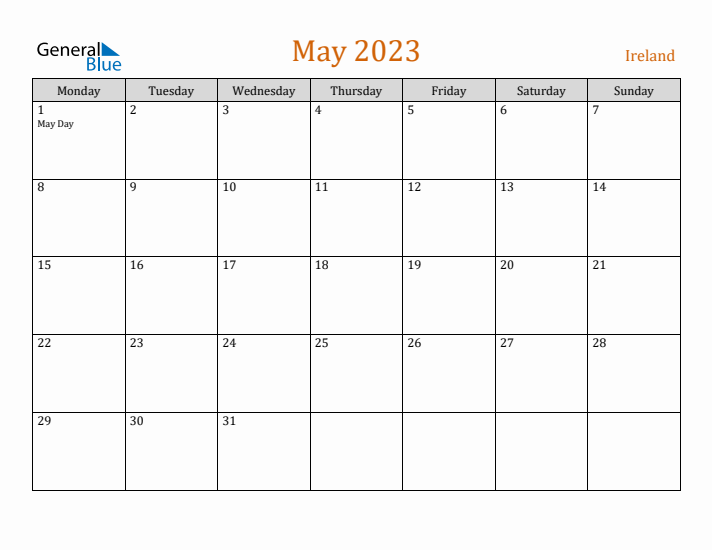 May 2023 Holiday Calendar with Monday Start