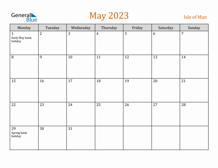 May 2023 Holiday Calendar with Monday Start