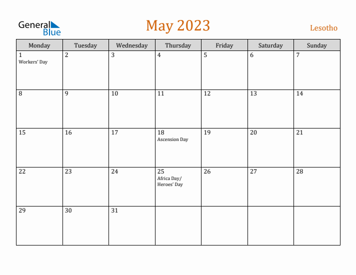 May 2023 Holiday Calendar with Monday Start