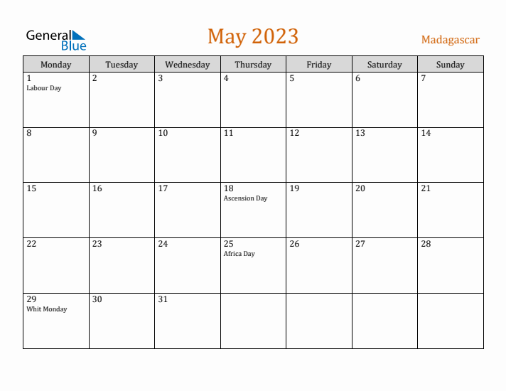 May 2023 Holiday Calendar with Monday Start