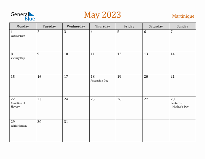 May 2023 Holiday Calendar with Monday Start