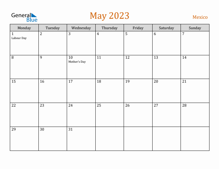 May 2023 Holiday Calendar with Monday Start