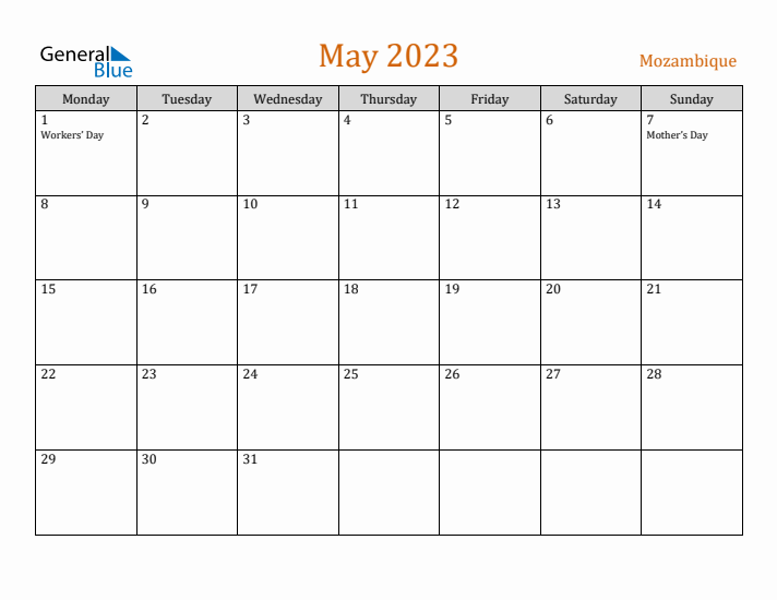 May 2023 Holiday Calendar with Monday Start