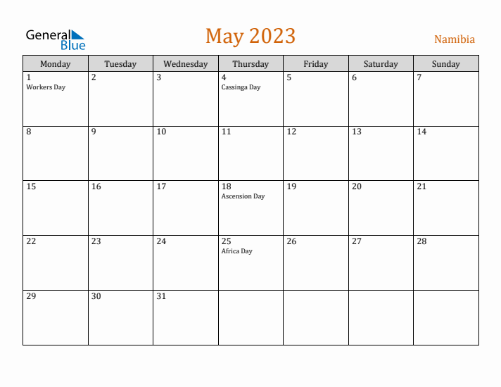 May 2023 Holiday Calendar with Monday Start