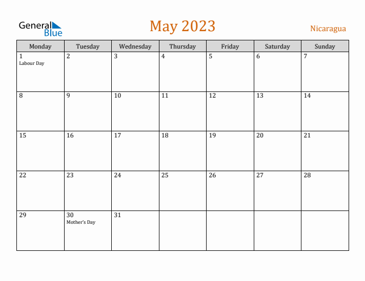 May 2023 Holiday Calendar with Monday Start