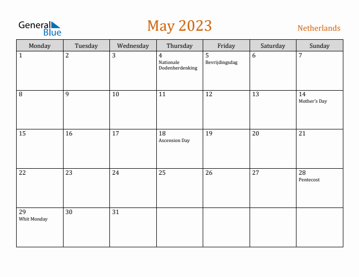 May 2023 Holiday Calendar with Monday Start