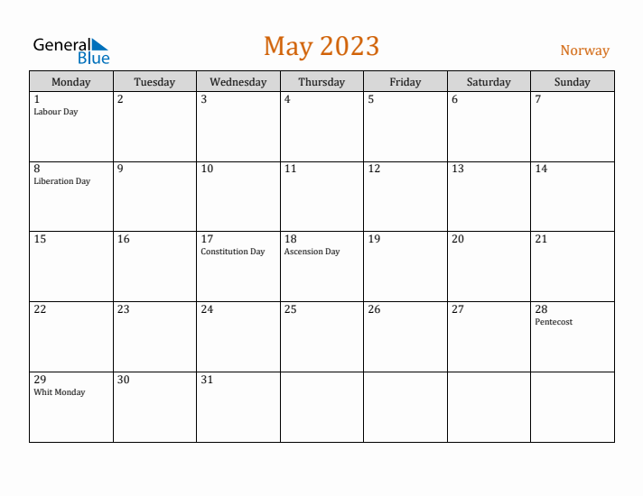 May 2023 Holiday Calendar with Monday Start