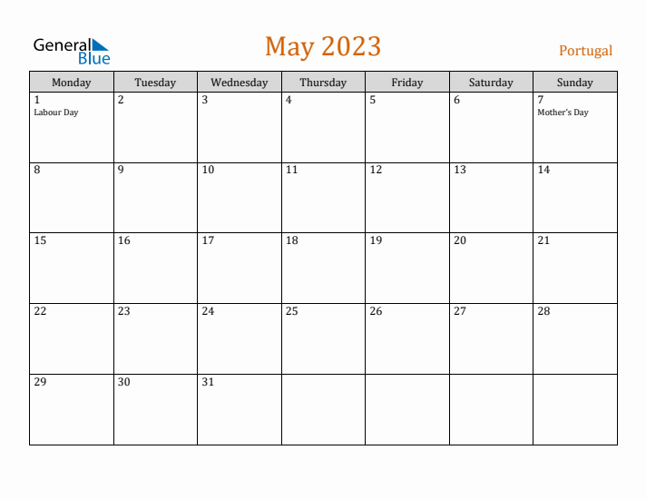 May 2023 Holiday Calendar with Monday Start