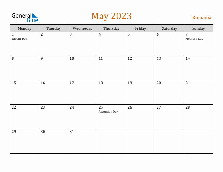 May 2023 Holiday Calendar with Monday Start