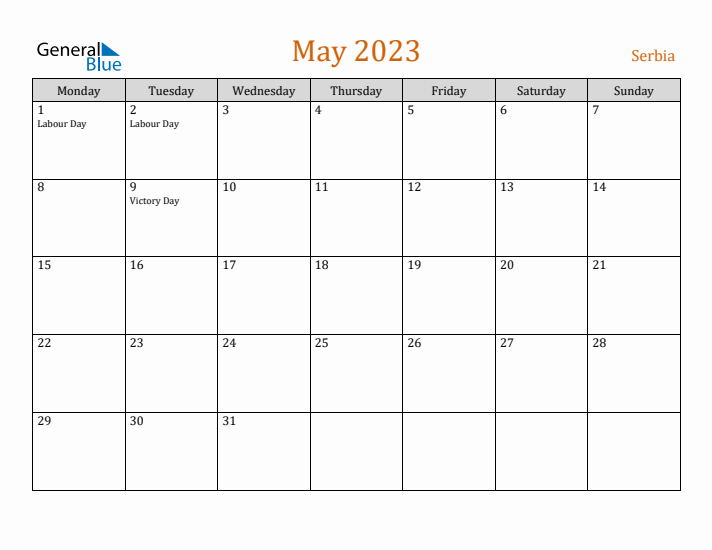 May 2023 Holiday Calendar with Monday Start