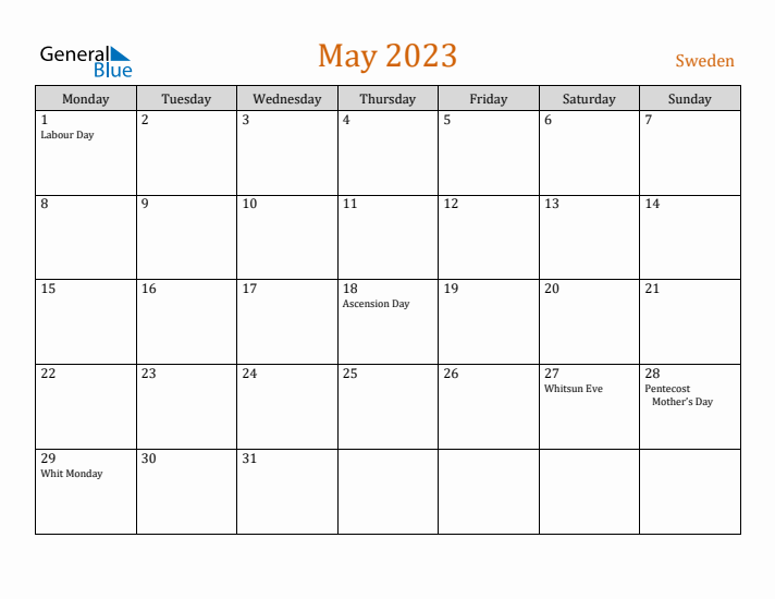 May 2023 Holiday Calendar with Monday Start