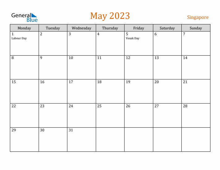 May 2023 Holiday Calendar with Monday Start