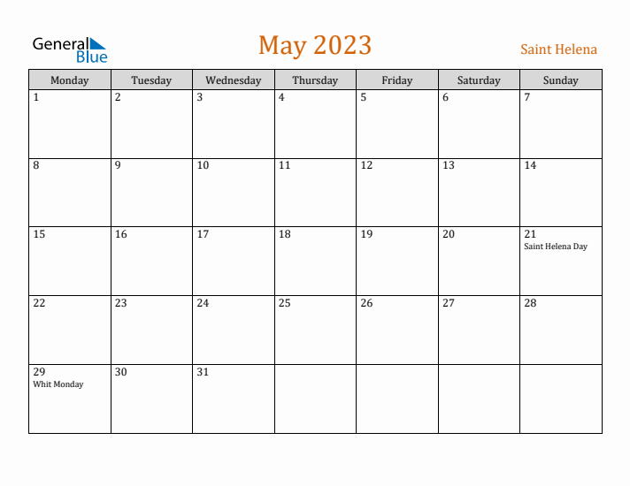 May 2023 Holiday Calendar with Monday Start