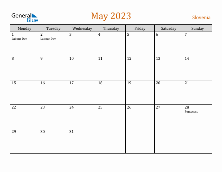 May 2023 Holiday Calendar with Monday Start