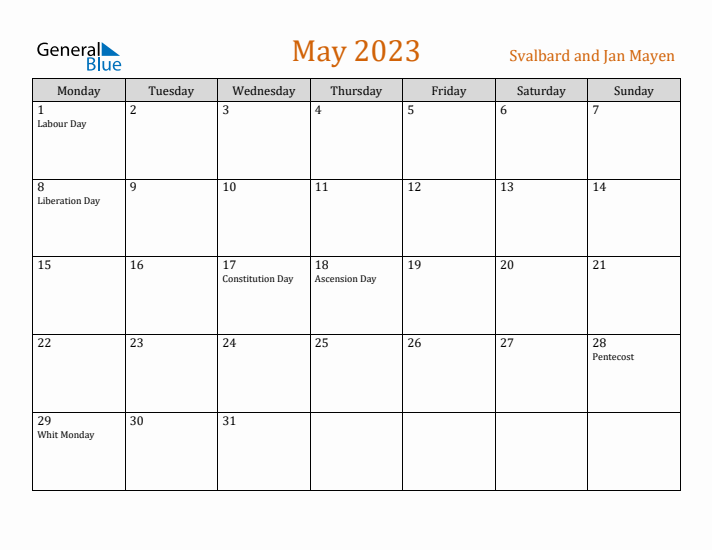 May 2023 Holiday Calendar with Monday Start