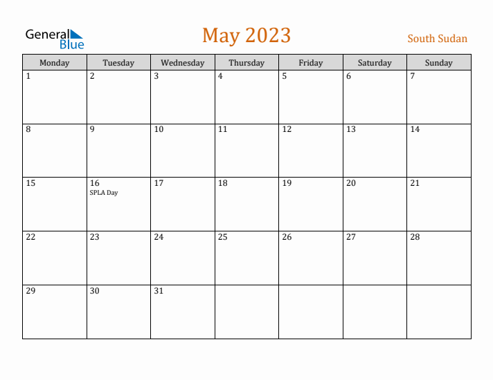 May 2023 Holiday Calendar with Monday Start