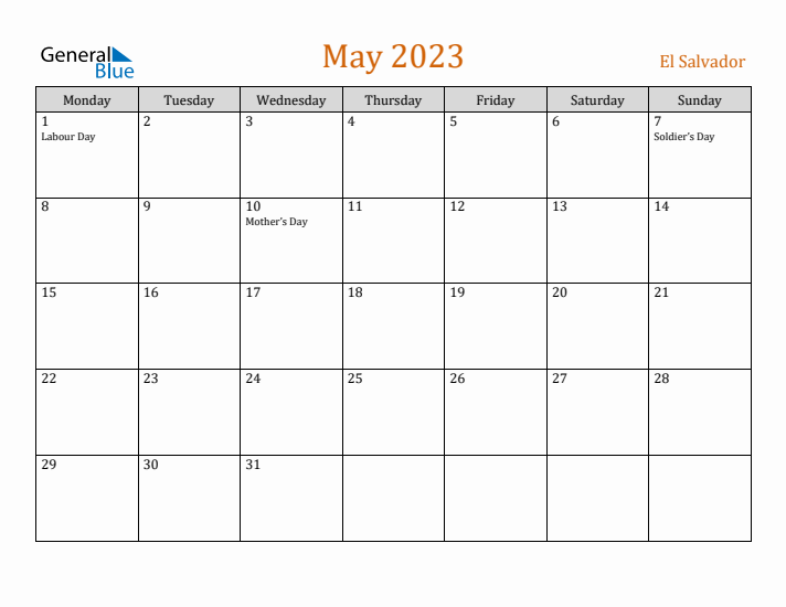 May 2023 Holiday Calendar with Monday Start