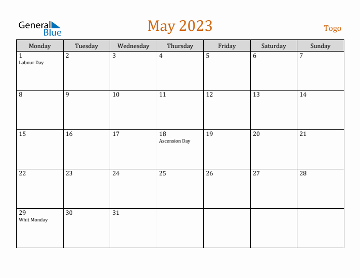 May 2023 Holiday Calendar with Monday Start